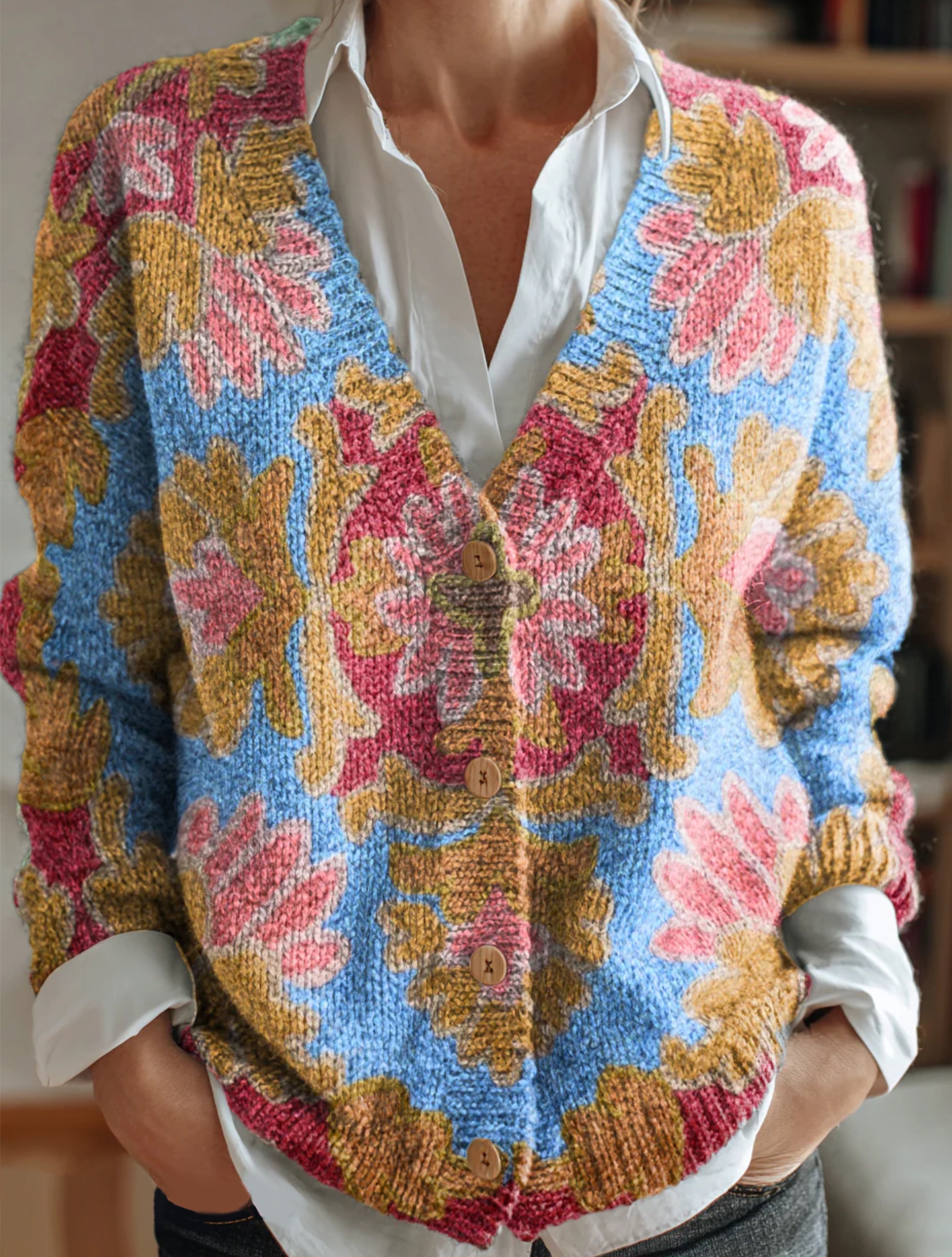 Women's Folk Floral Art Patterns Print Buttoned V-neck Cardigan Sweater