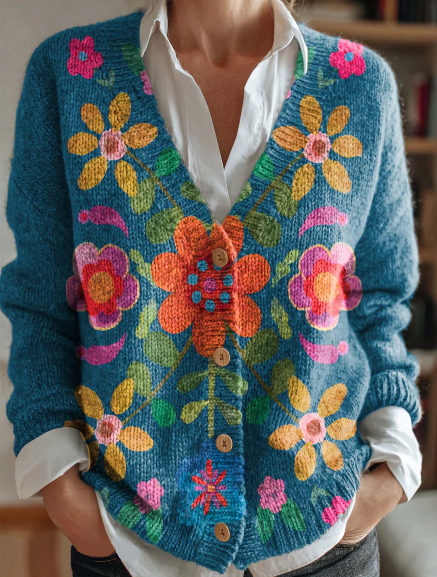 Women's Bohemian Floral Art Print Buttoned V-neck Cardigan Sweater