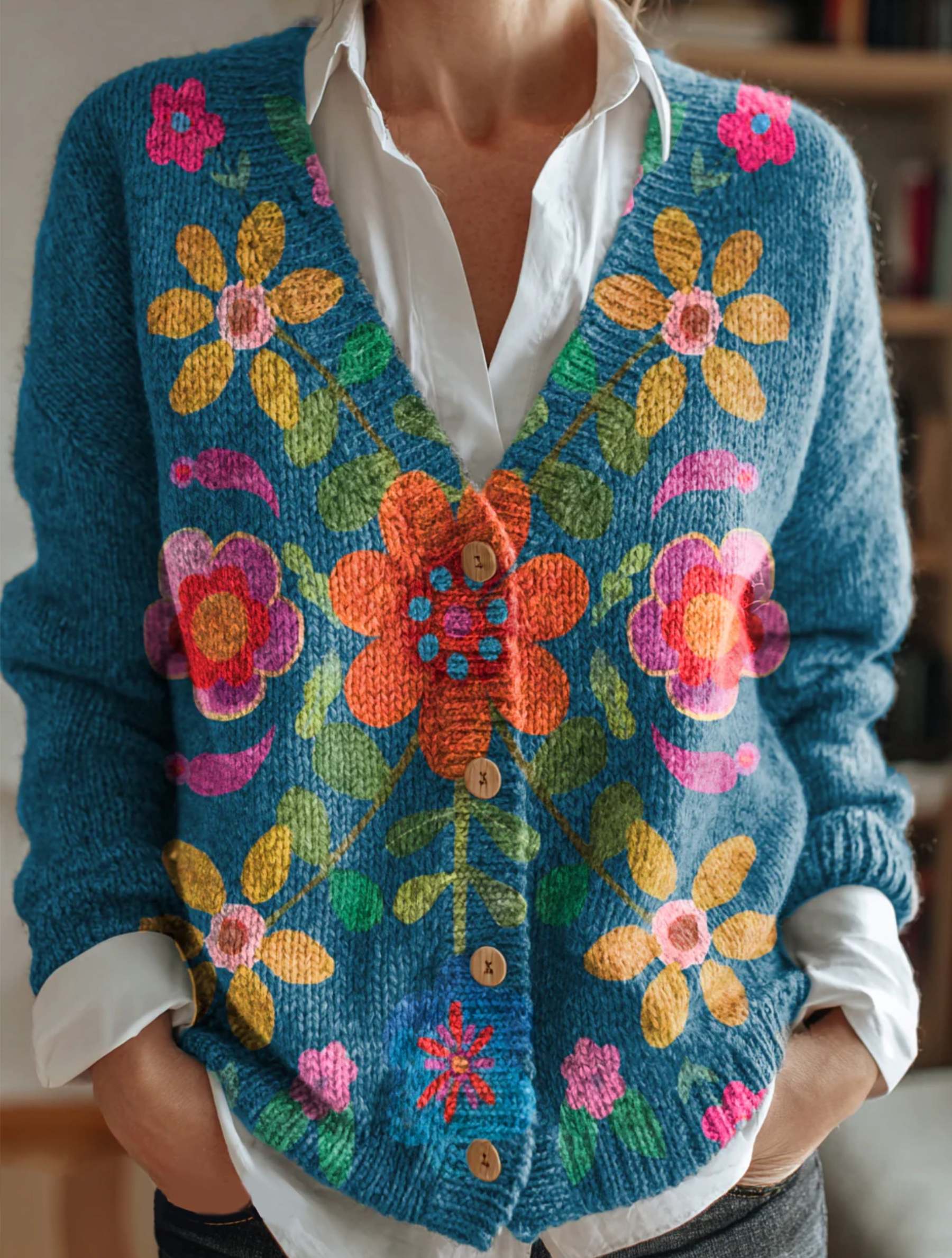 Women's Bohemian Floral Art Print Buttoned V-neck Cardigan Sweater