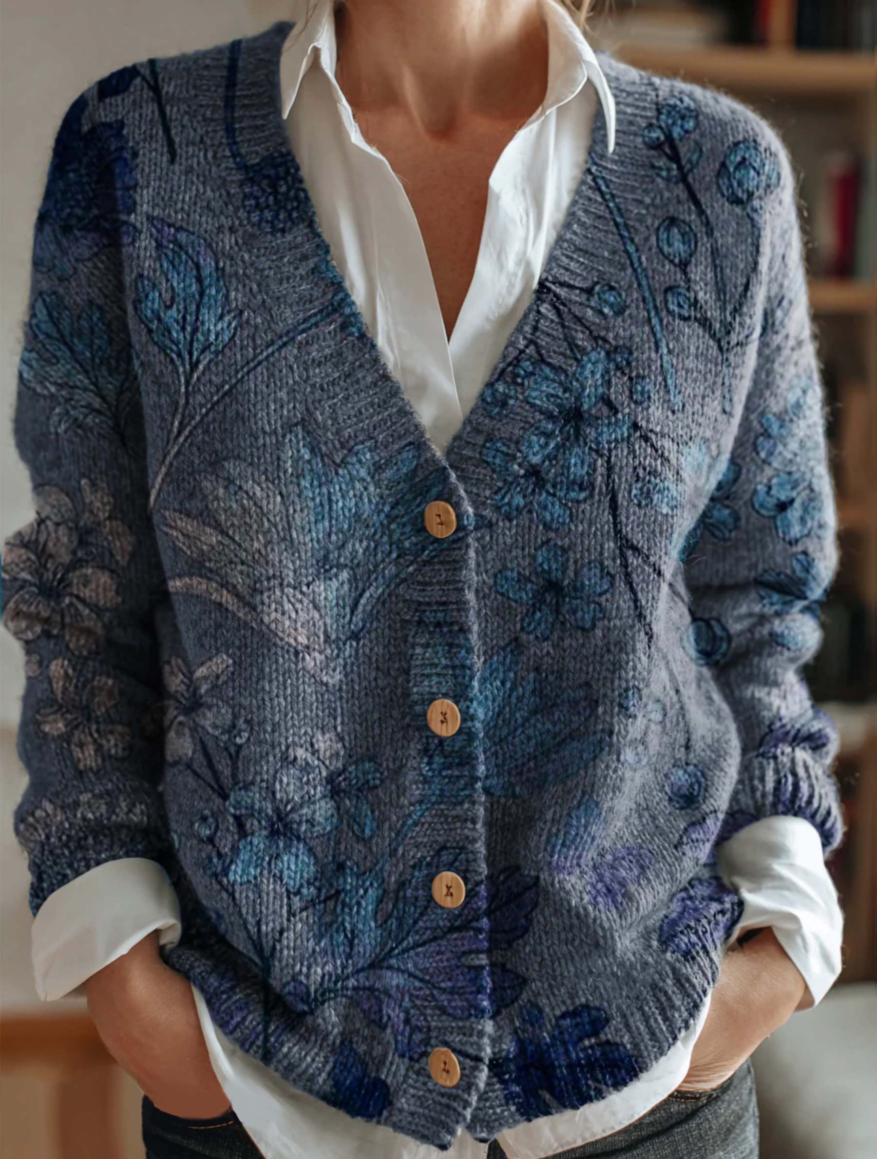 Women's Vintage Floral Art Pattern Print Buttoned V-neck Cardigan Swea
