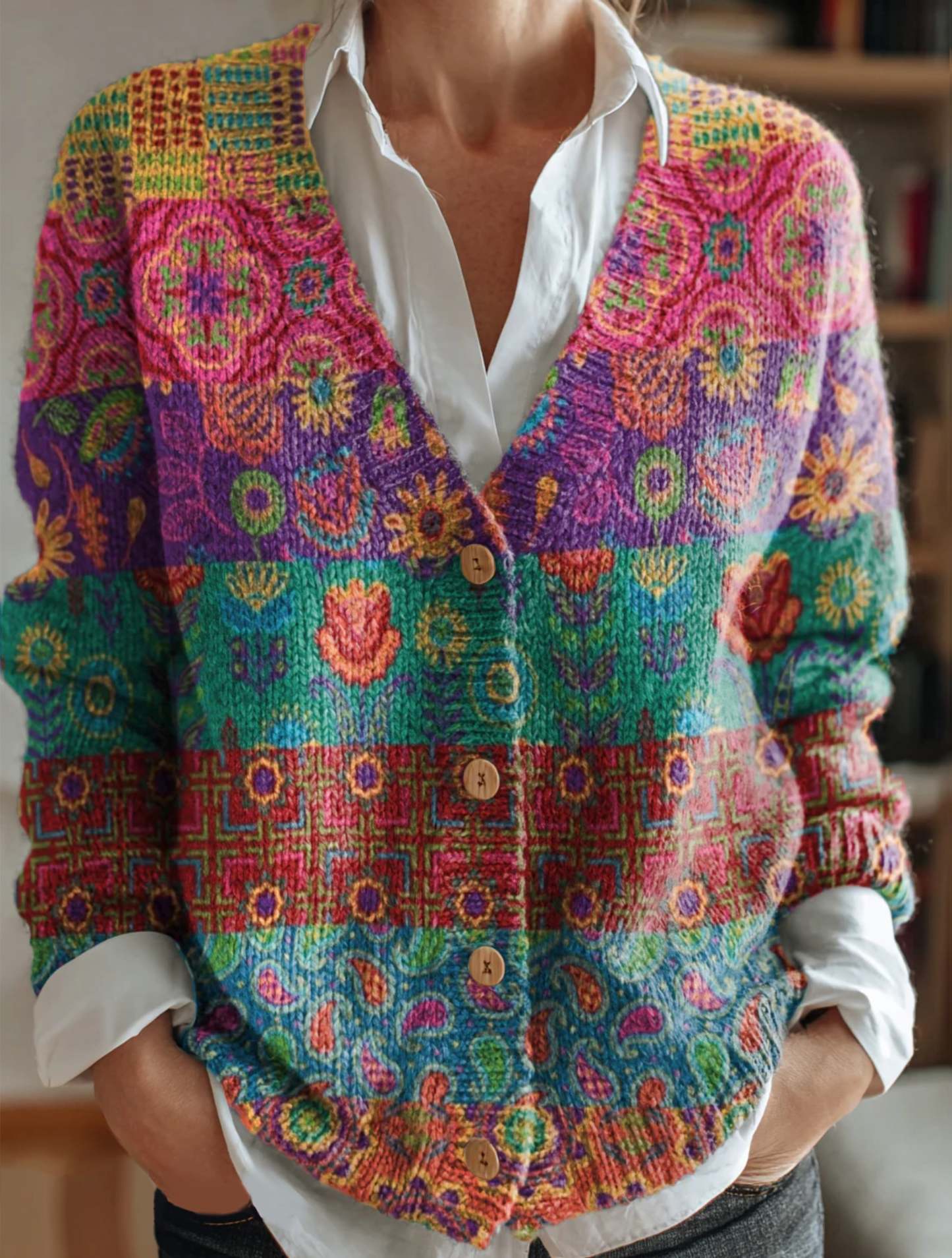 Women's Vintage Floral Collage Art Pattern Print Buttoned V-neck Cardi