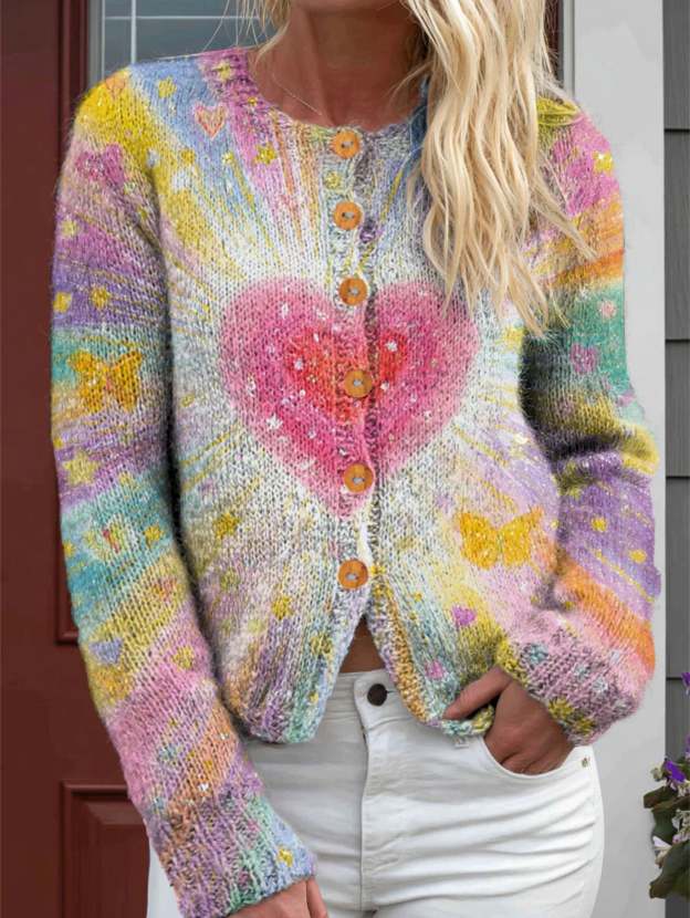Women's Vintage Gradation Love Print Buttoned Cardigan Sweater