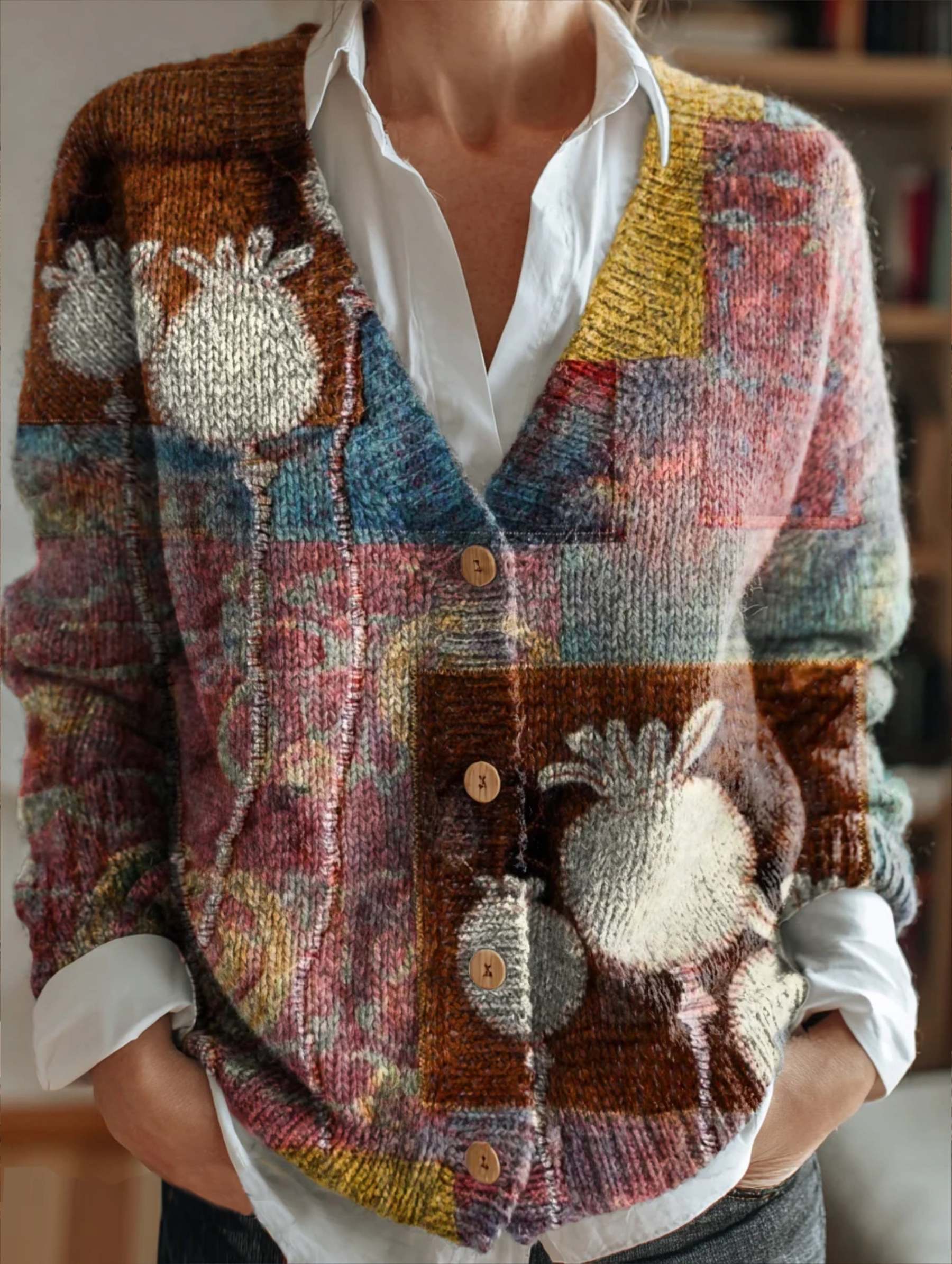 Women's Vintage Floral Patchwork Art Print Casual Versatile V-Neck Car