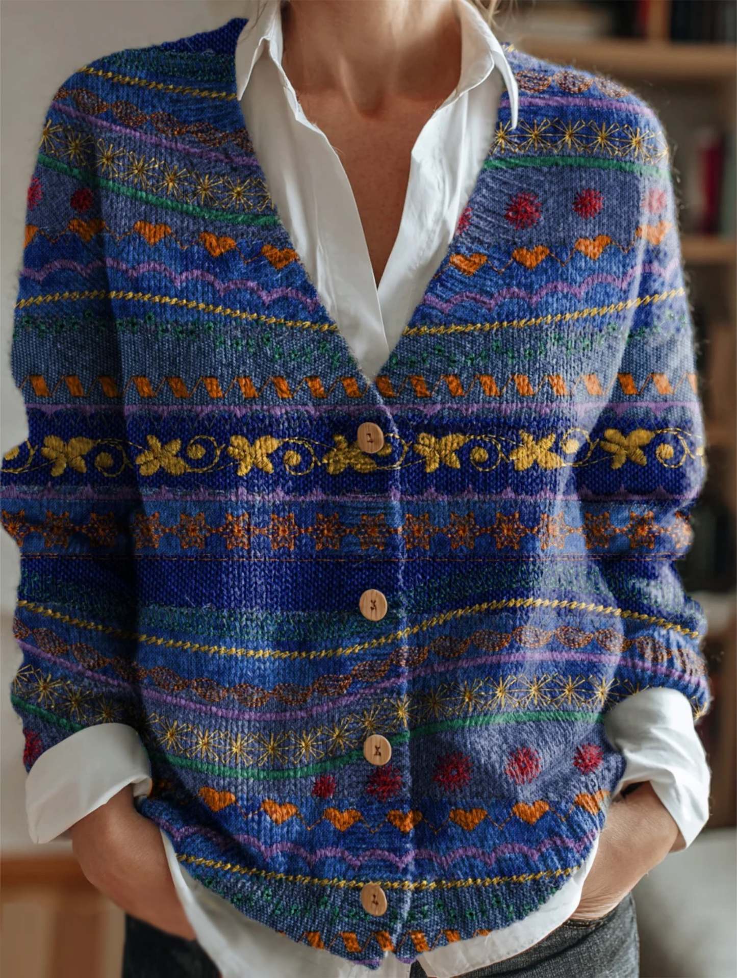 Women's Blue Floral Patchwork Art Print Casual Versatile V-Neck Cardig