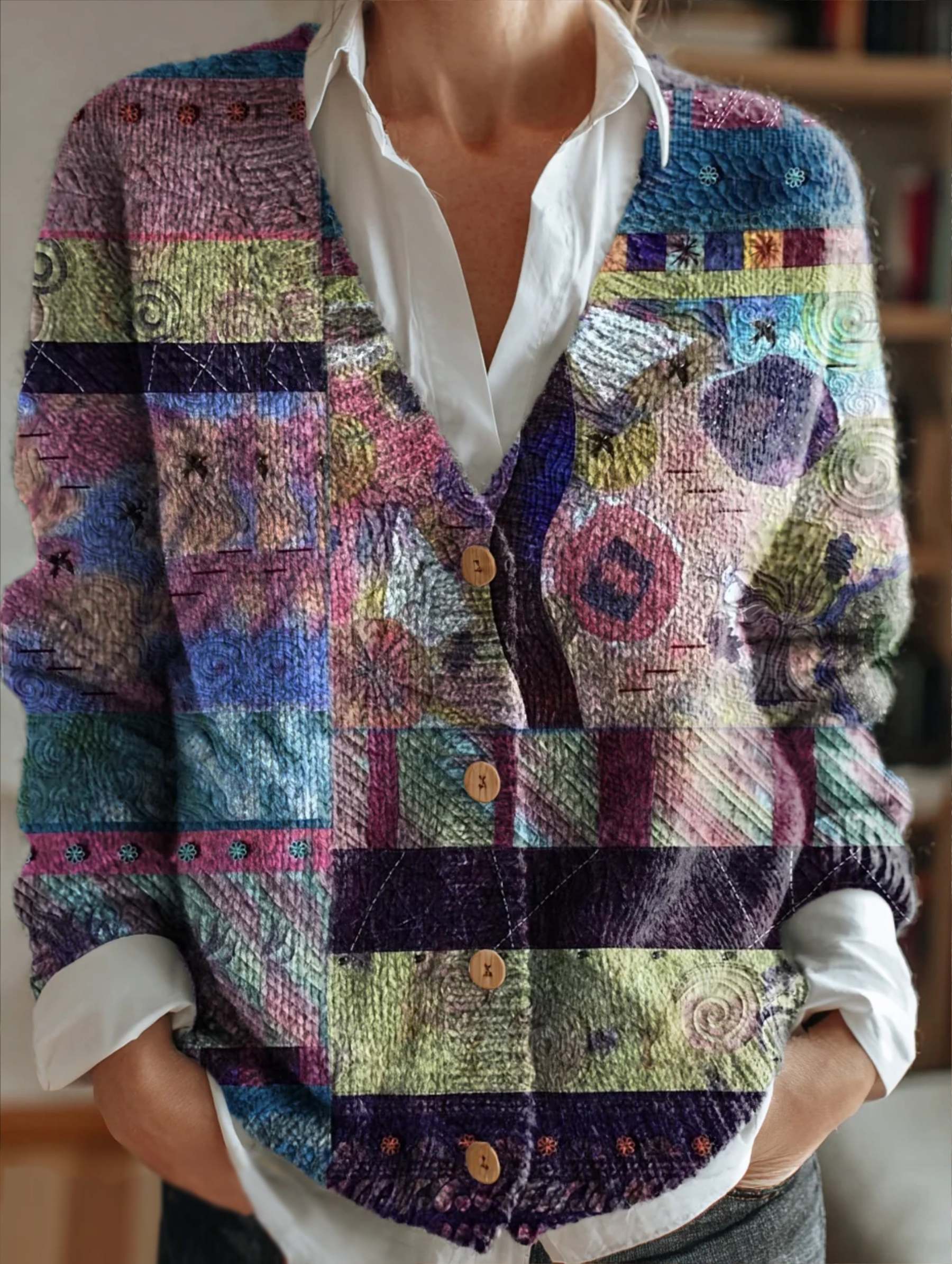Women's Fresh Floral Patchwork Art Print Casual Versatile V-Neck Cardi