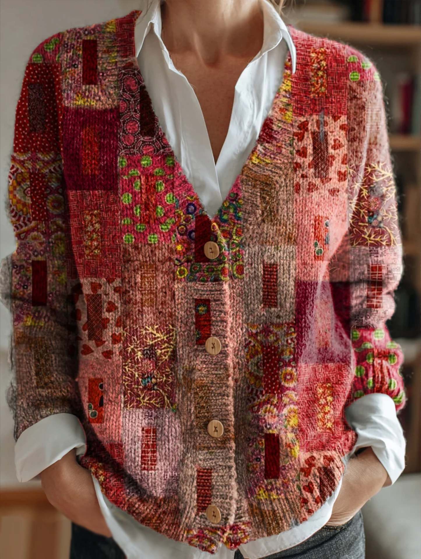 Women's Pink Floral Patchwork Art Print Casual Versatile V-Neck Cardig