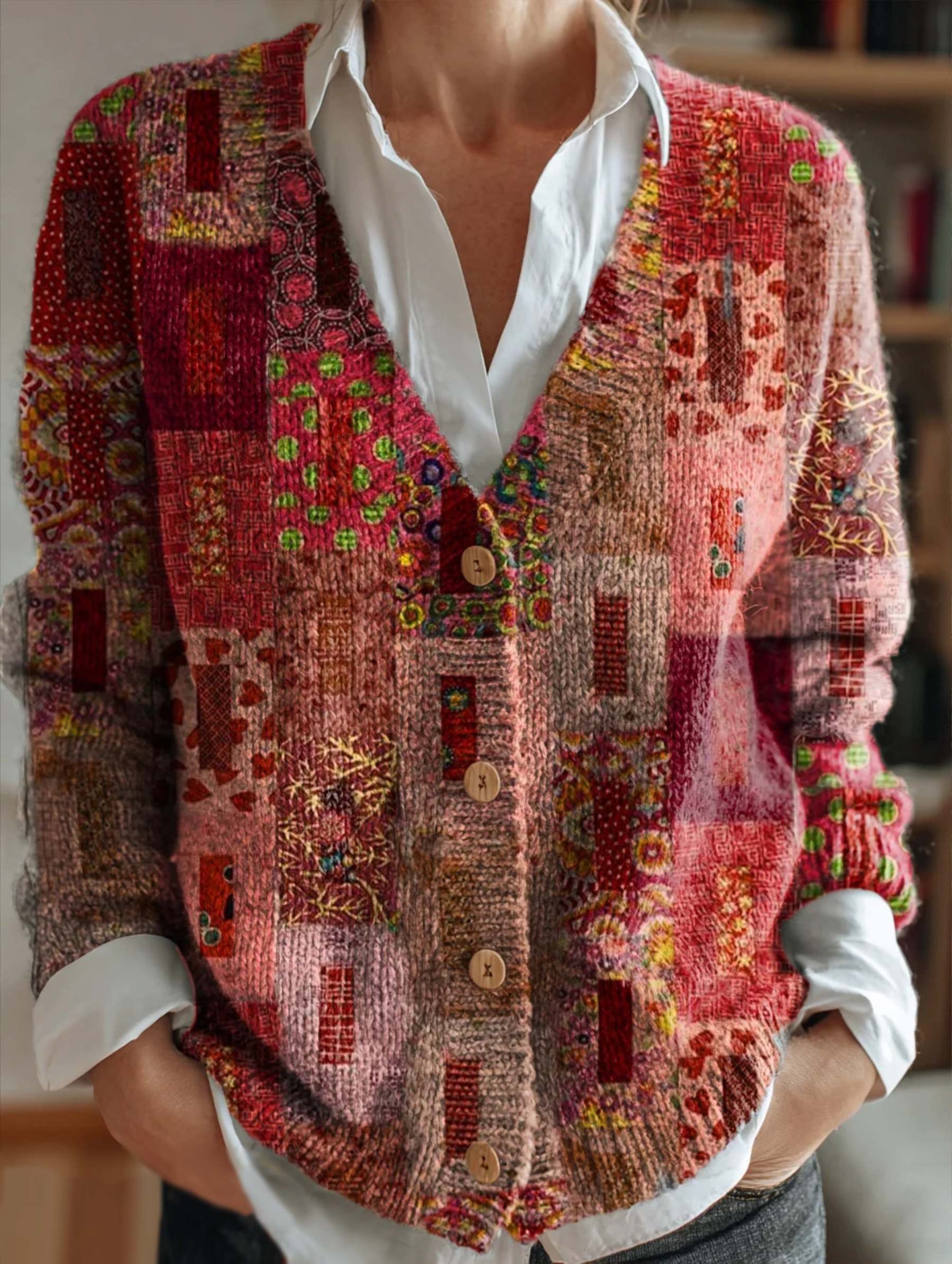 Women's Pink Floral Patchwork Art Print Casual Versatile V-Neck Cardig