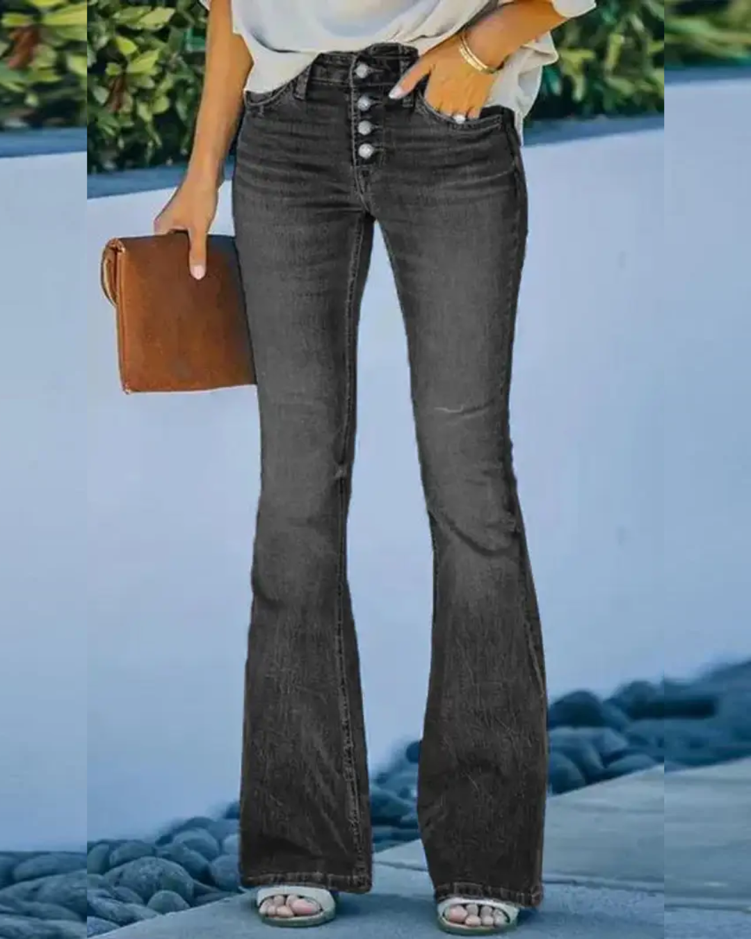 Button Fly High Rise Flare Jeans