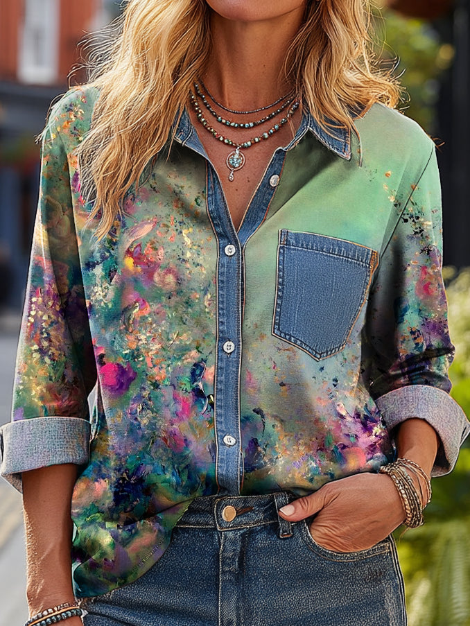 Women's Vintage Green Floral Art Print Casual Cotton Denim Pocket Shirt