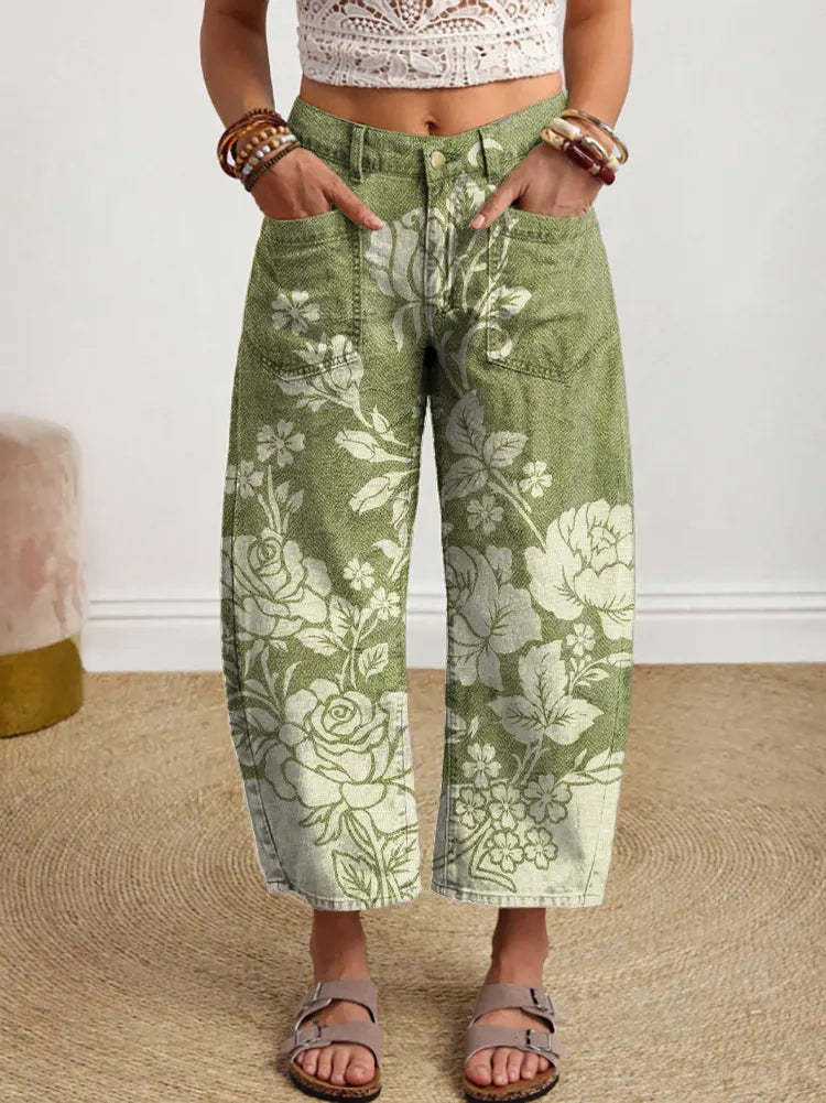 Women's Bohemian Floral Art Print Casual Cotton Trousers With Pockets