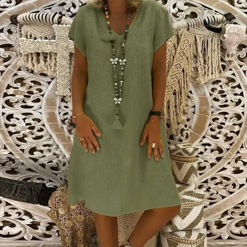 Womens V Neck Cotton Linen Dress Ladies Casual Baggy Plain Tunic Dress Plus Size