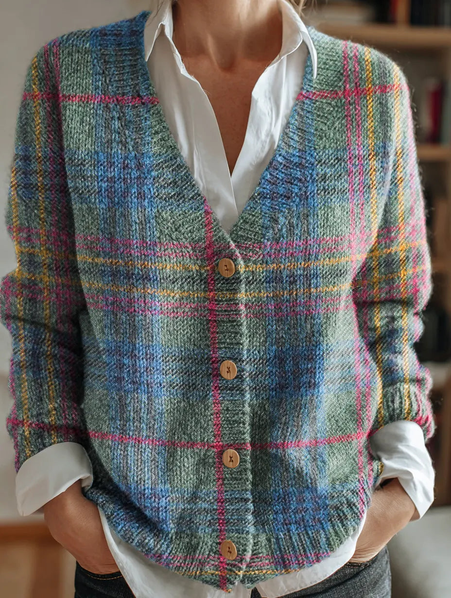 Women's Retro Plaid Art Print V-Neck Button-Up Knit Cardigan