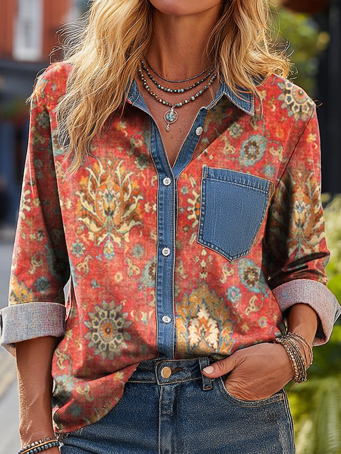 Women's Vintage Ethnic Red Totem Art Print Casual Cotton Denim Pocket Shirt
