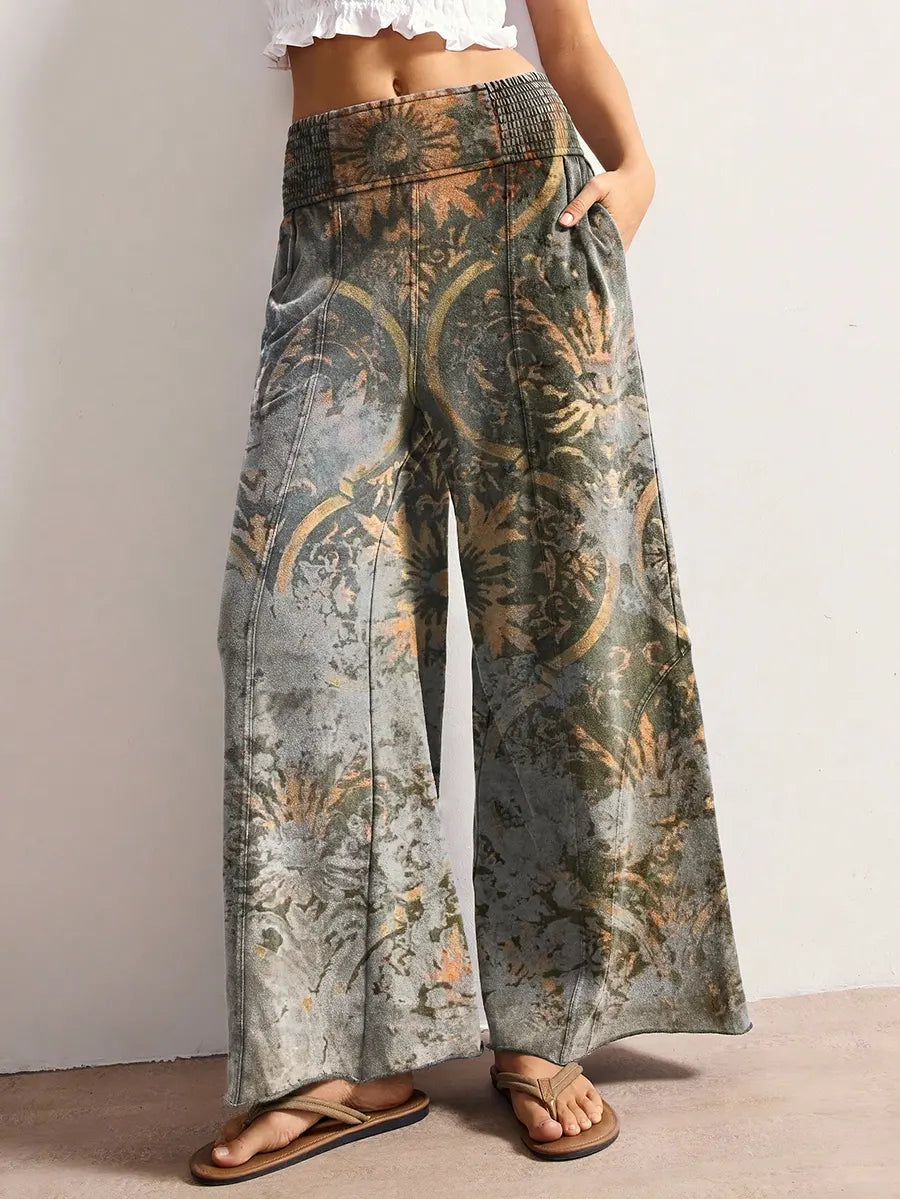 Women's Ethnic Floral Textured Patterns Art Print Stretchy Wide-leg Pants