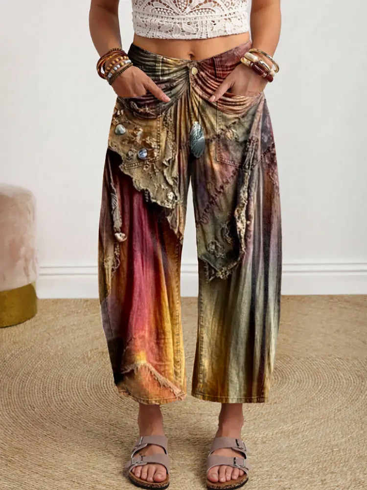 Women's Vintage Art Print Casual Cotton Trousers With Pockets