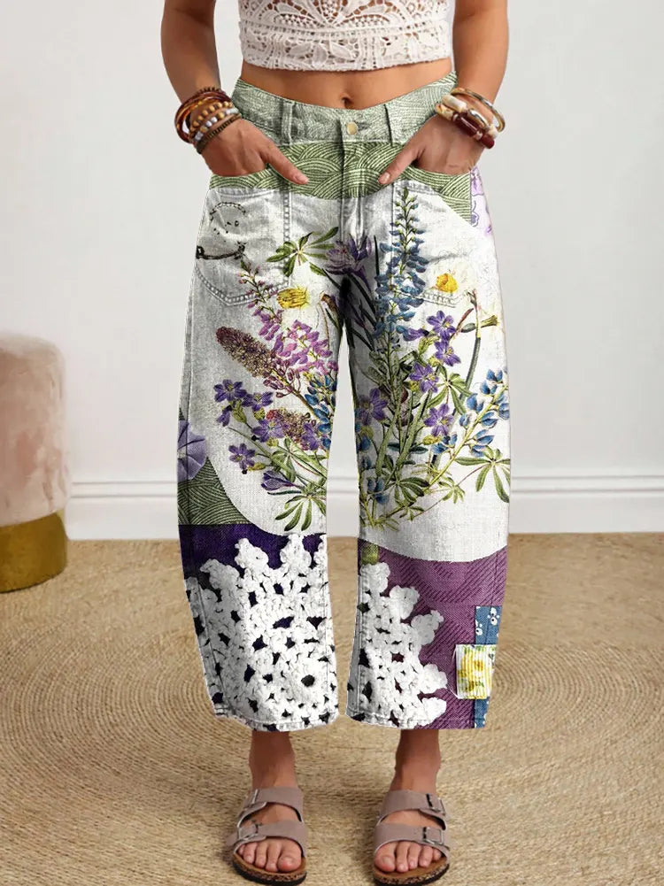 Women's Patchwork Vintage Floral Art Print Casual Cotton Trousers With Pockets.