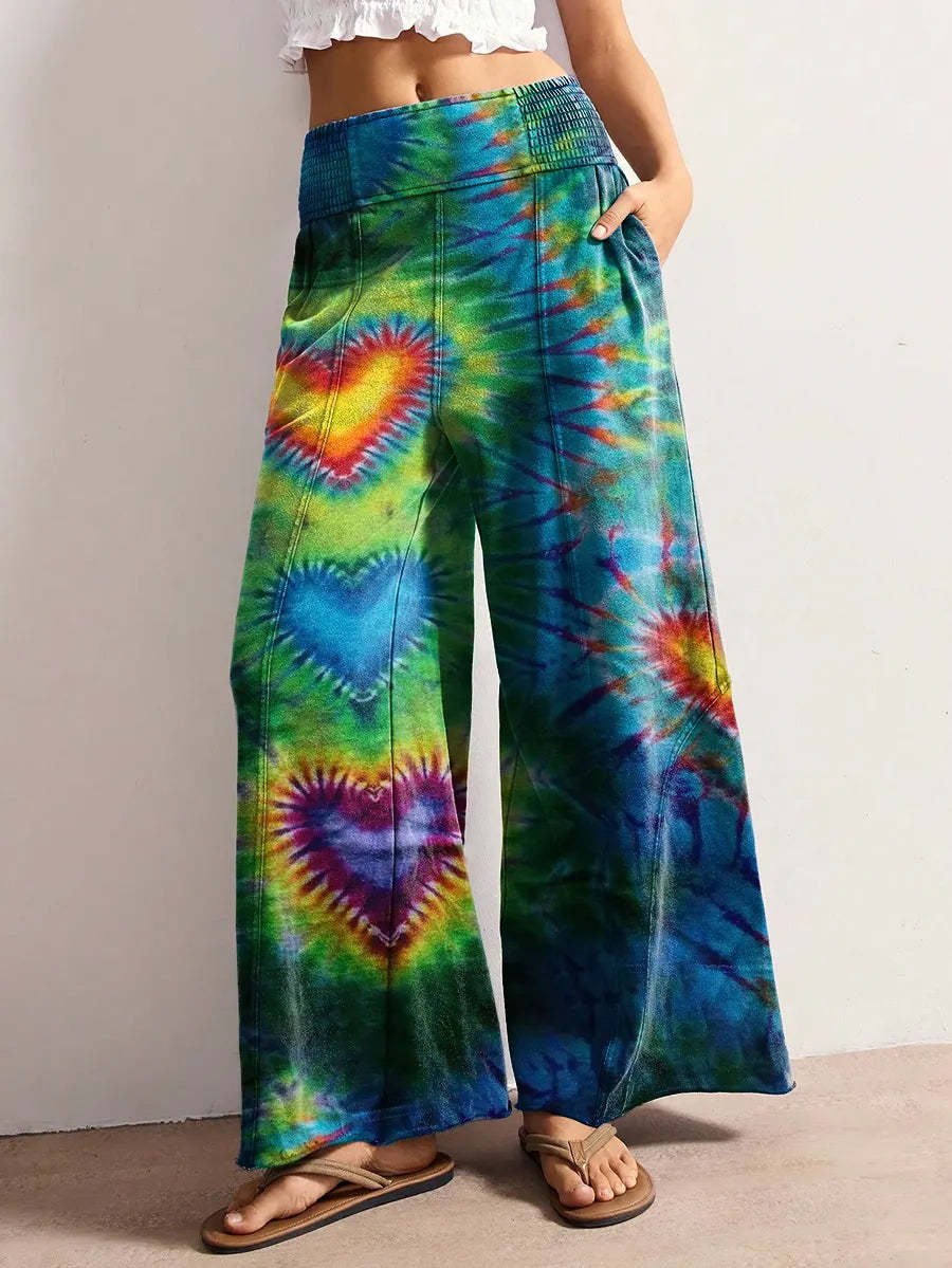 Women's Hippie Tie-dye Heart Art Print Stretchy Wide-leg Pants