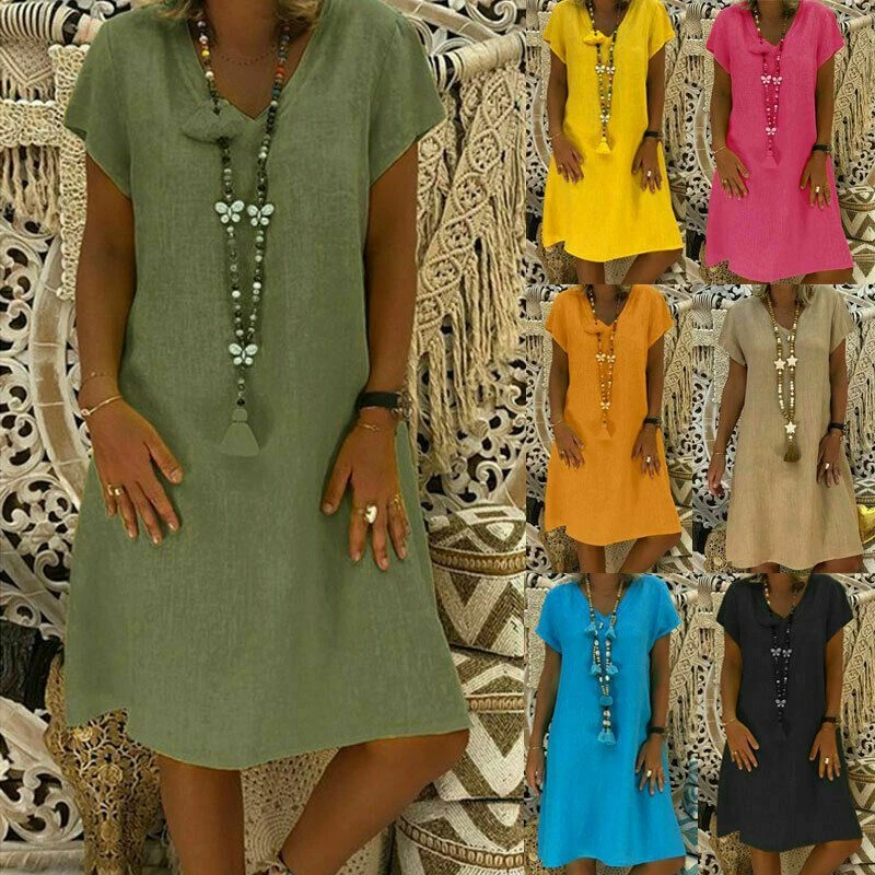 Womens V Neck Cotton Linen Dress Ladies Casual Baggy Plain Tunic Dress Plus Size