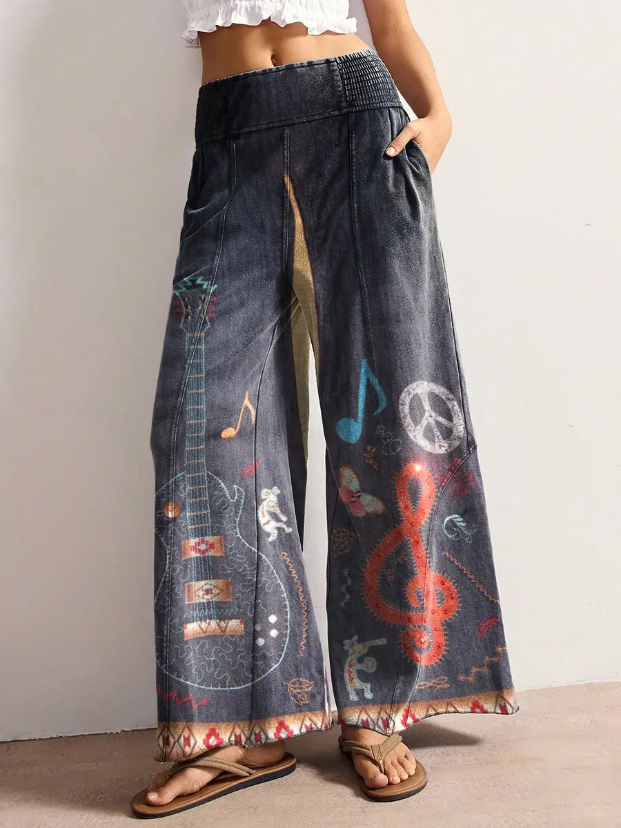 Women's Retro Hippie Music Art Print Stretch Wide-leg Pants