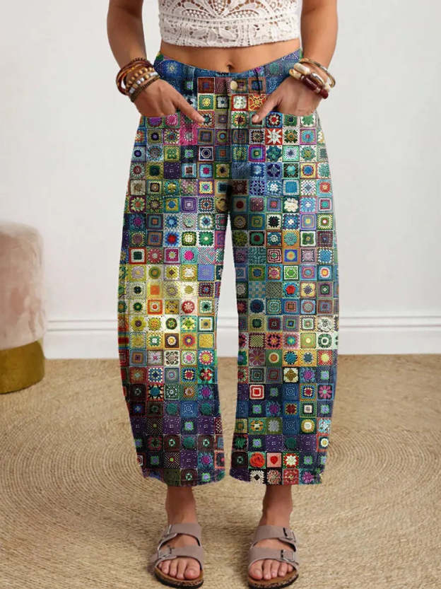 Women's Vintage Colorful Checkered Art Print Casual Cotton Trousers With Pockets.