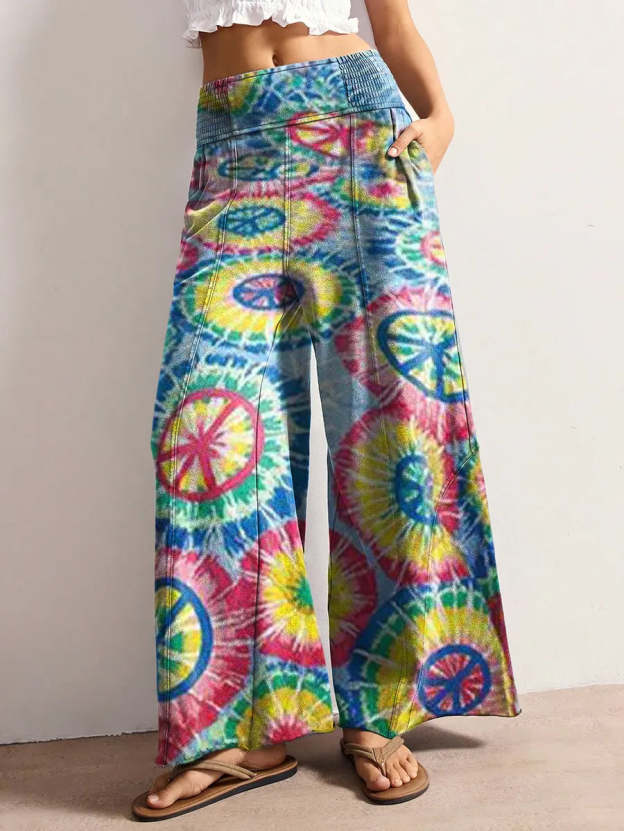 Women's Retro Hippie Style Colorful Tie-dye Art Print Stretchy Wide-leg Pants