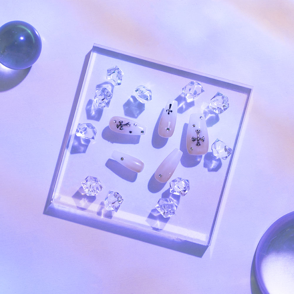 Divine Grace Press On Nails | Pink & Silver Cross Design