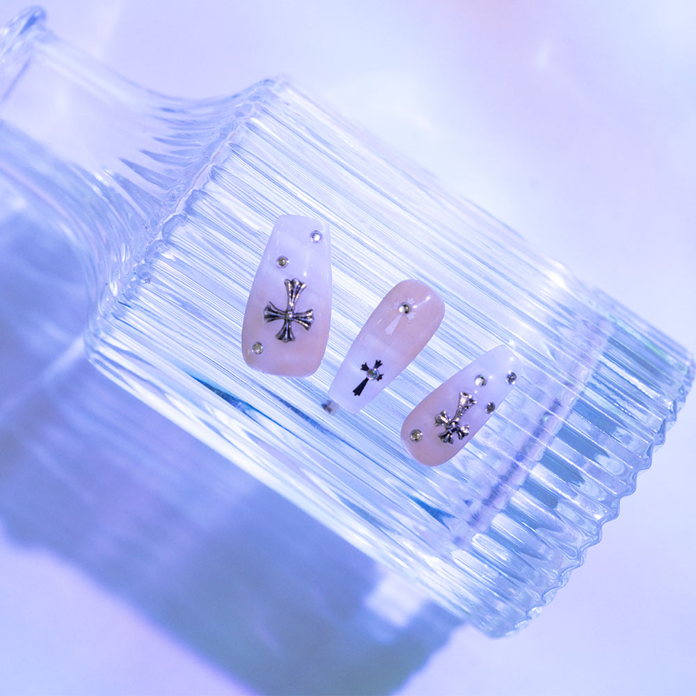 Divine Grace Press On Nails | Pink & Silver Cross Design