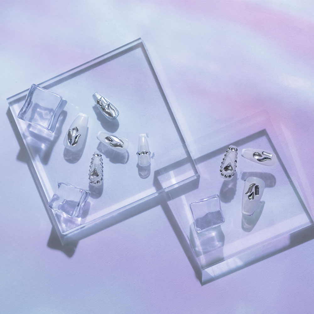 Crystal Dewdrops Press-On Nails | Clear Base with Silver Accents