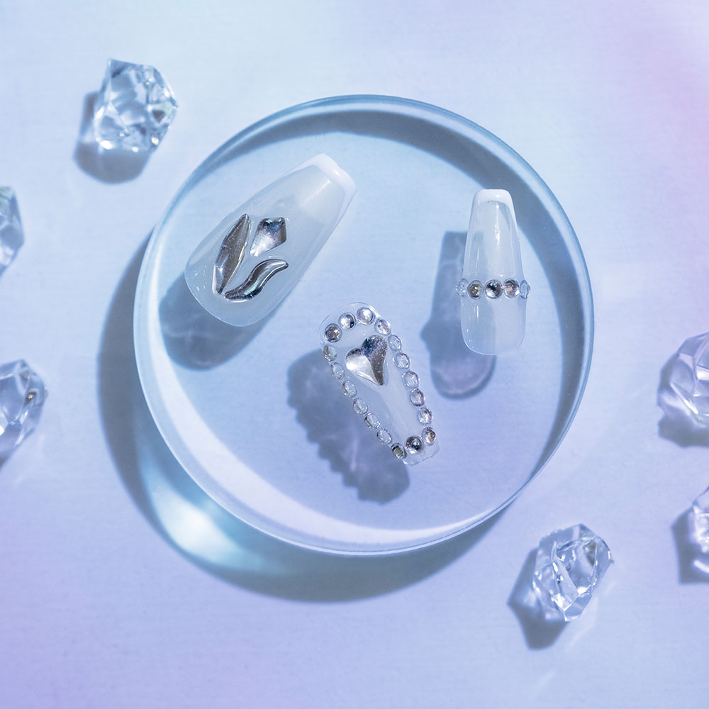 Crystal Dewdrops Press-On Nails | Clear Base with Silver Accents