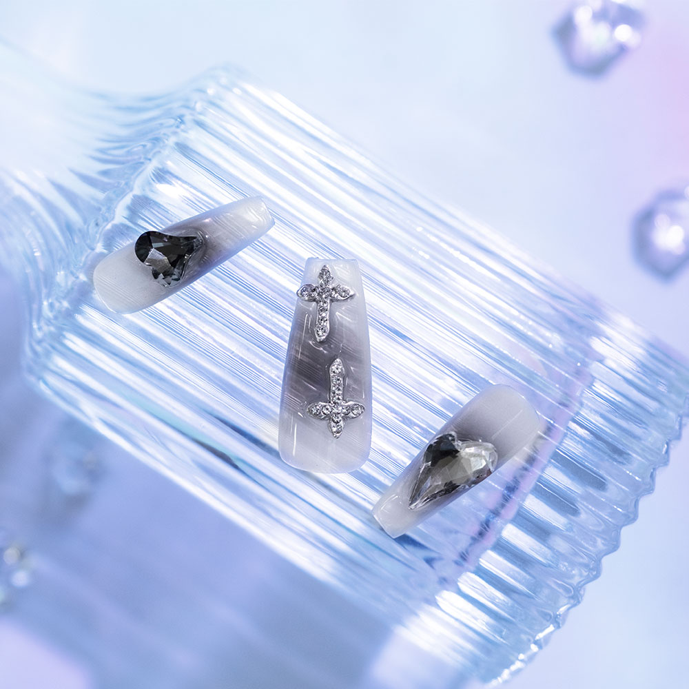 Mystic Cross Press-On Nails | White Gradient with Crystal Accents