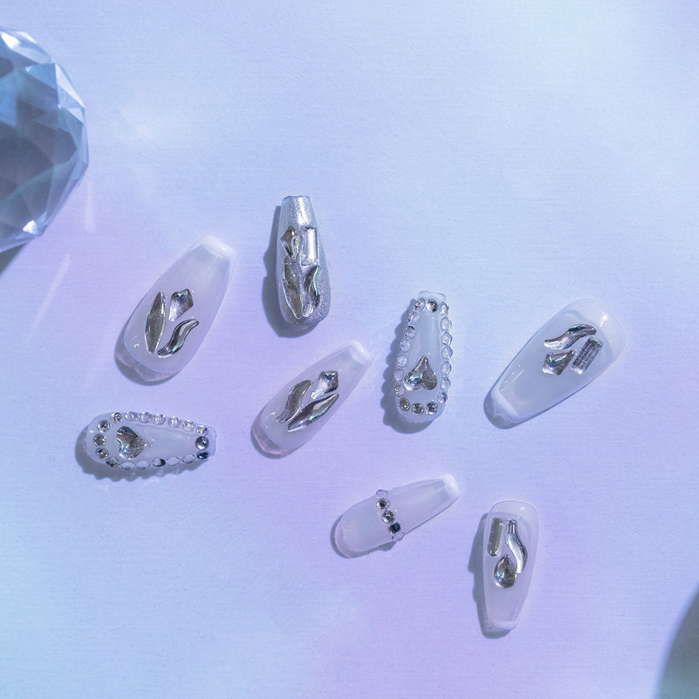 Crystal Dewdrops Press-On Nails | Clear Base with Silver Accents