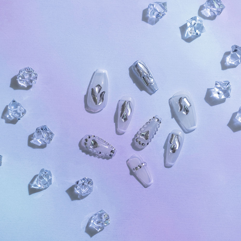 Crystal Dewdrops Press-On Nails | Clear Base with Silver Accents