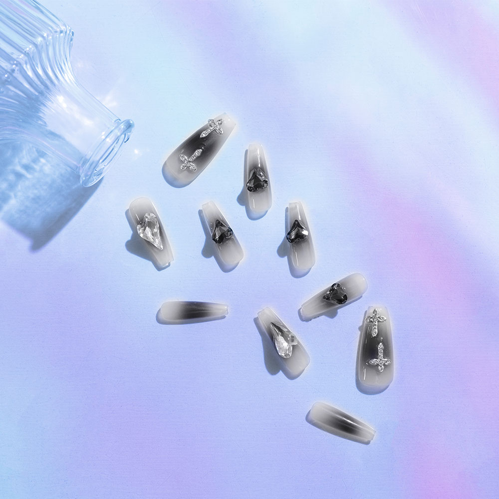 Mystic Cross Press-On Nails | White Gradient with Crystal Accents