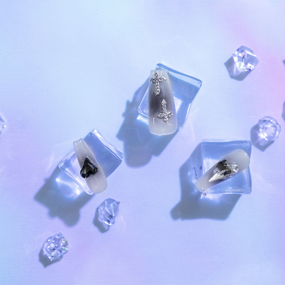 Mystic Cross Press-On Nails | White Gradient with Crystal Accents