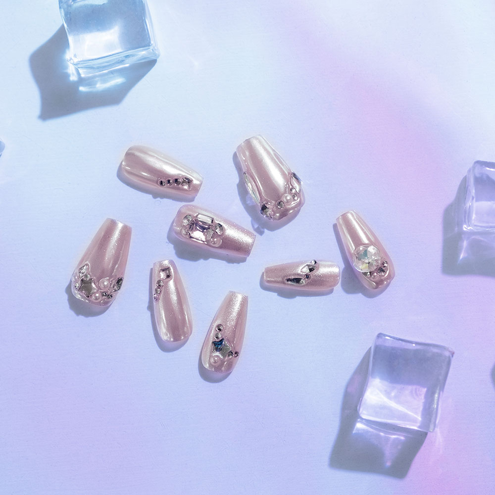 Pearl Glamour Press-On Nails | Iridescent Base with Crystal Embellishments