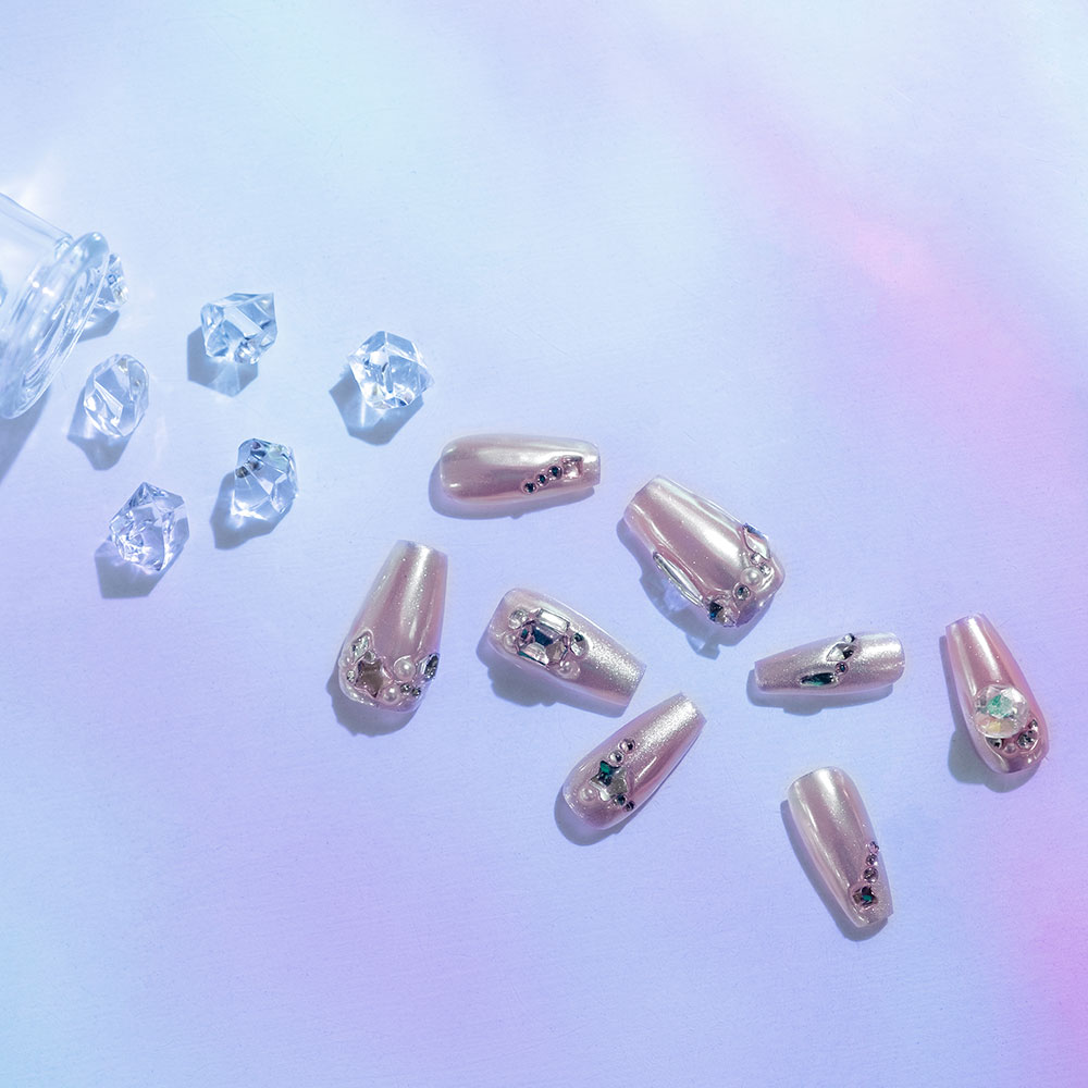 Pearl Glamour Press-On Nails | Iridescent Base with Crystal Embellishments