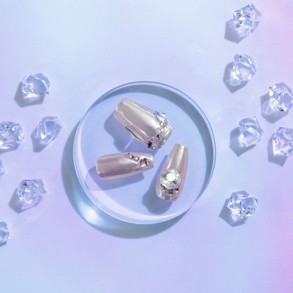 Pearl Glamour Press-On Nails | Iridescent Base with Crystal Embellishments