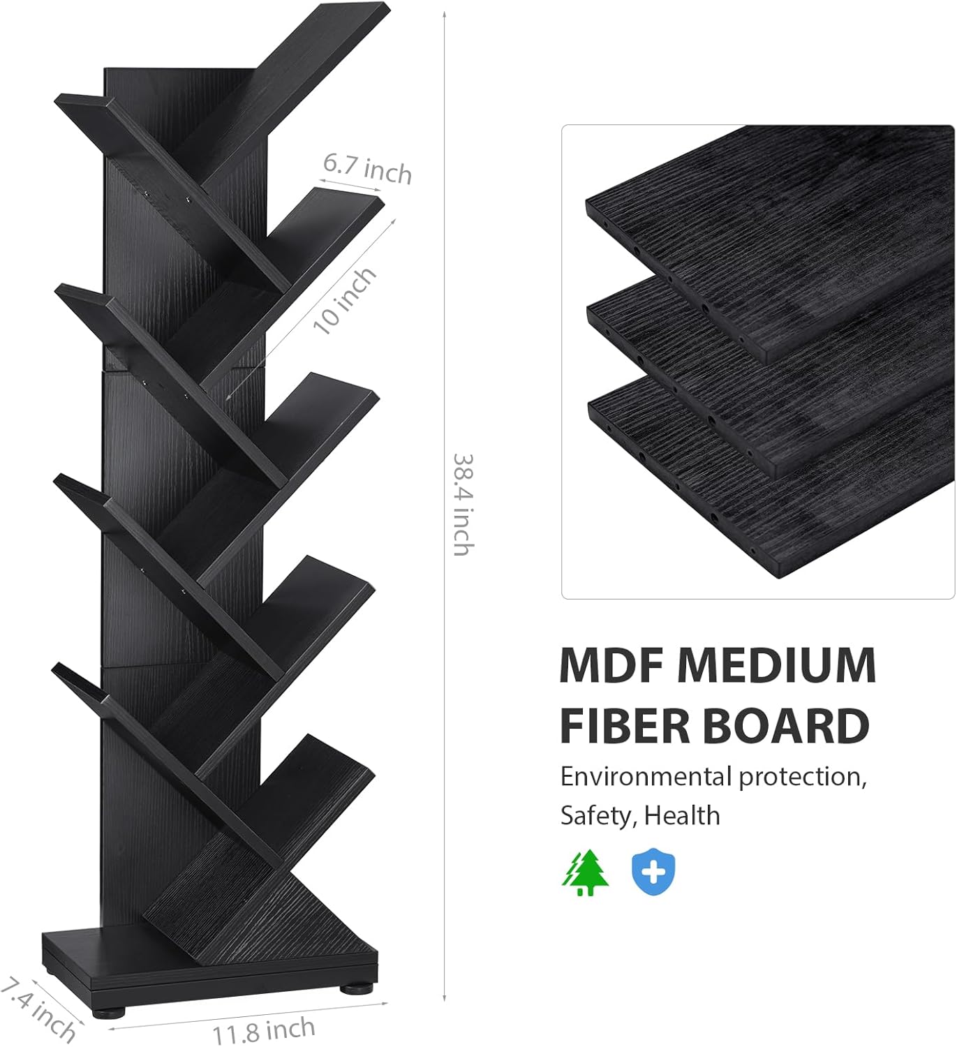 ruboka 4-Shelf Tree Bookshelf, 24.1-Inch Retro Floor Standing Bookcase Display for CDs/Magazine/Books, Small Bookshelf for Bedroom, Living Room, Office,Balcony, Black Storage Shelves DESK53A