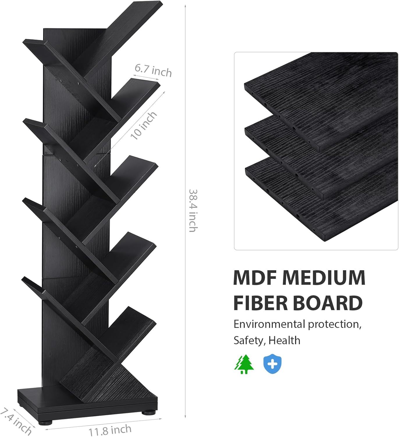 ruboka 4-Shelf Tree Bookshelf, 24.1-Inch Retro Floor Standing Bookcase Display for CDs/Magazine/Books, Small Bookshelf for Bedroom, Living Room, Office,Balcony, Black Storage Shelves DESK53A