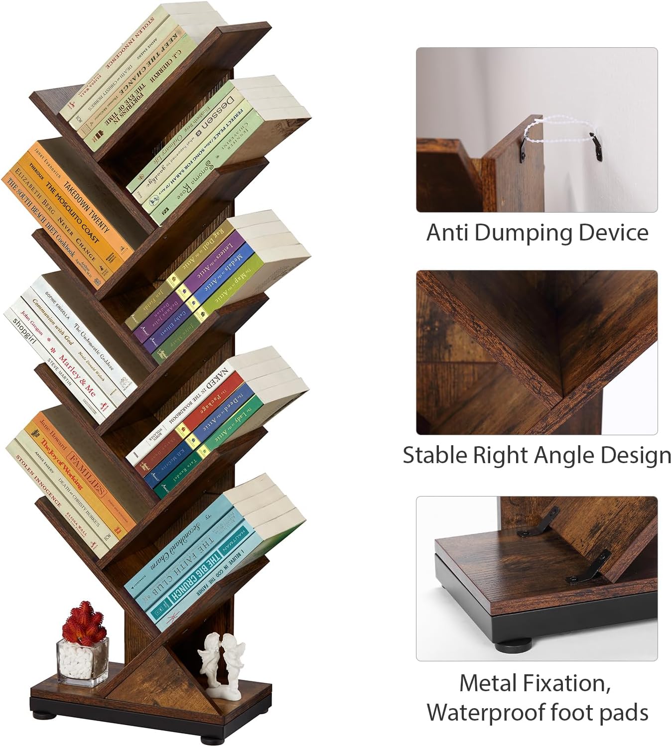 ruboka 4-Shelf Tree Bookshelf, 24.1-Inch Retro Floor Standing Bookcase Display for CDs/Magazine/Books, Small Bookshelf for Bedroom, Living Room, Office,Balcony, Black Storage Shelves DESK53A