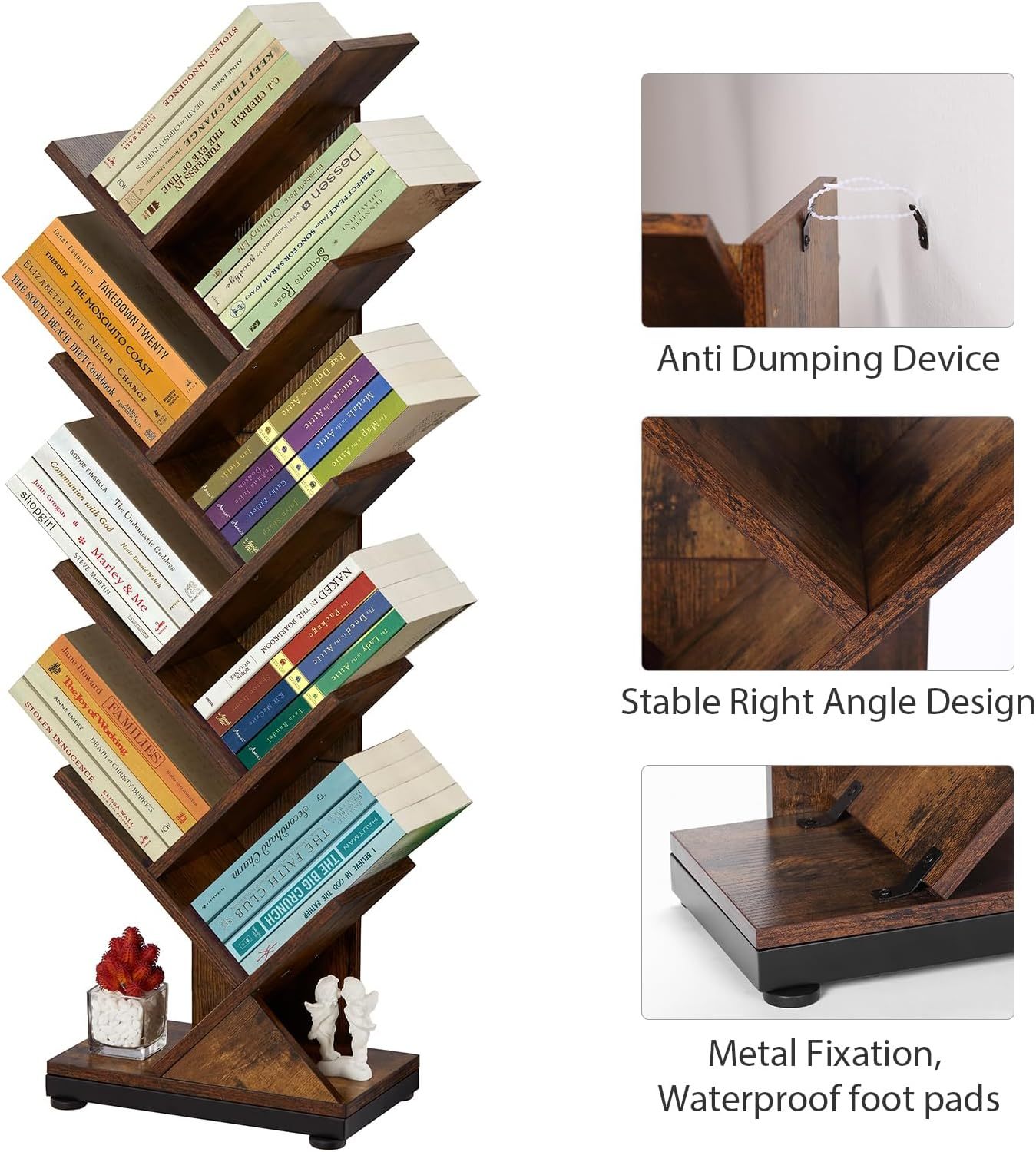 ruboka 4-Shelf Tree Bookshelf, 24.1-Inch Retro Floor Standing Bookcase Display for CDs/Magazine/Books, Small Bookshelf for Bedroom, Living Room, Office,Balcony, Black Storage Shelves DESK53A
