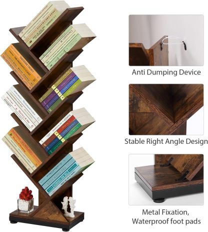 ruboka 4-Shelf Tree Bookshelf, 24.1-Inch Retro Floor Standing Bookcase Display for CDs/Magazine/Books, Small Bookshelf for Bedroom, Living Room, Office,Balcony, Black Storage Shelves DESK53A