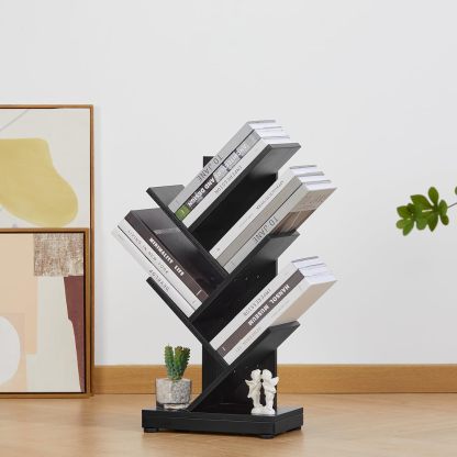 ruboka 4-Shelf Tree Bookshelf, 24.1-Inch Retro Floor Standing Bookcase Display for CDs/Magazine/Books, Small Bookshelf for Bedroom, Living Room, Office,Balcony, Black Storage Shelves DESK53A