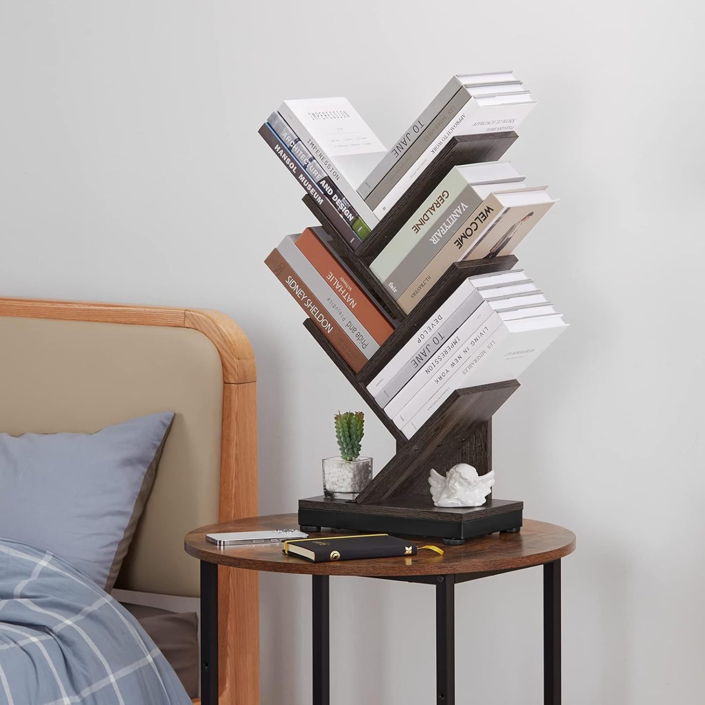 ruboka 4-Shelf Tree Bookshelf, 24.1-Inch Retro Floor Standing Bookcase Display for CDs/Magazine/Books, Small Bookshelf for Bedroom, Living Room, Office,Balcony, Black Storage Shelves DESK53A