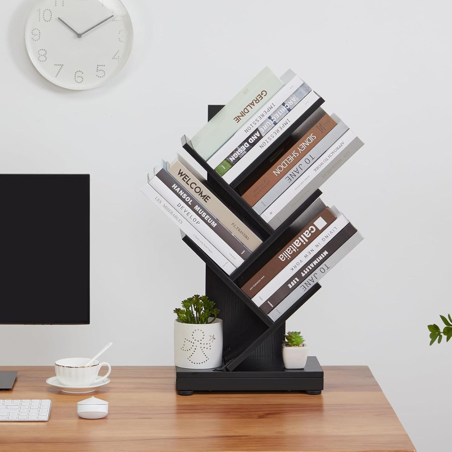 ruboka 4-Shelf Tree Bookshelf, 24.1-Inch Retro Floor Standing Bookcase Display for CDs/Magazine/Books, Small Bookshelf for Bedroom, Living Room, Office,Balcony, Black Storage Shelves DESK53A