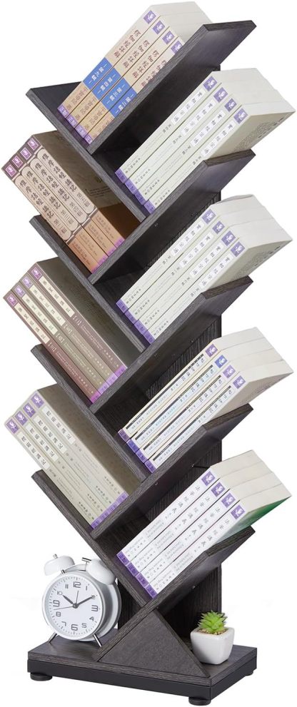 ruboka 4-Shelf Tree Bookshelf, 24.1-Inch Retro Floor Standing Bookcase Display for CDs/Magazine/Books, Small Bookshelf for Bedroom, Living Room, Office,Balcony, Black Storage Shelves DESK53A