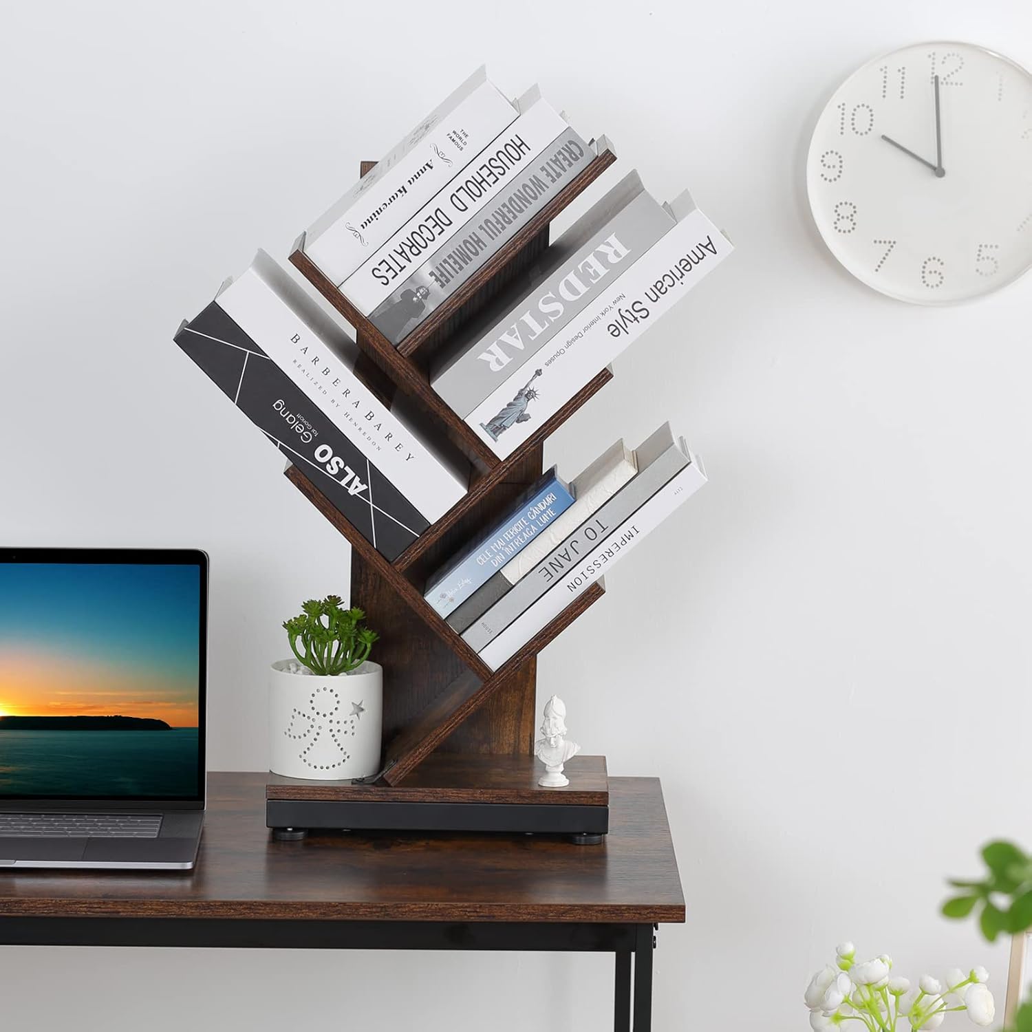 ruboka 4-Shelf Tree Bookshelf, 24.1-Inch Retro Floor Standing Bookcase Display for CDs/Magazine/Books, Small Bookshelf for Bedroom, Living Room, Office,Balcony, Black Storage Shelves DESK53A