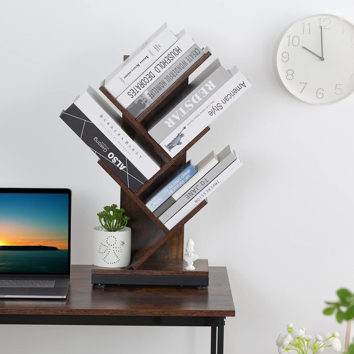 ruboka 4-Shelf Tree Bookshelf, 24.1-Inch Retro Floor Standing Bookcase Display for CDs/Magazine/Books, Small Bookshelf for Bedroom, Living Room, Office,Balcony, Black Storage Shelves DESK53A