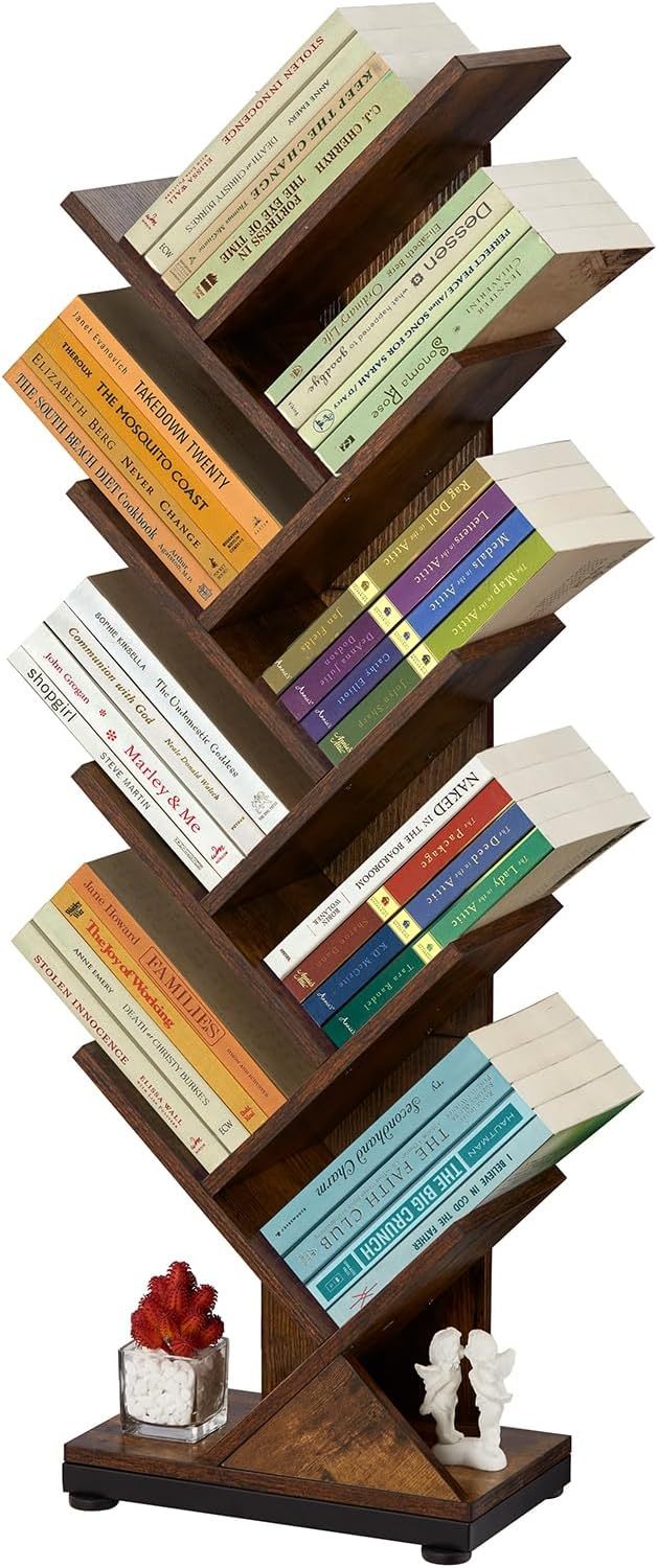 ruboka 4-Shelf Tree Bookshelf, 24.1-Inch Retro Floor Standing Bookcase Display for CDs/Magazine/Books, Small Bookshelf for Bedroom, Living Room, Office,Balcony, Black Storage Shelves DESK53A