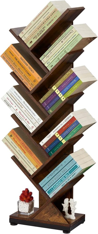 ruboka 4-Shelf Tree Bookshelf, 24.1-Inch Retro Floor Standing Bookcase Display for CDs/Magazine/Books, Small Bookshelf for Bedroom, Living Room, Office,Balcony, Black Storage Shelves DESK53A
